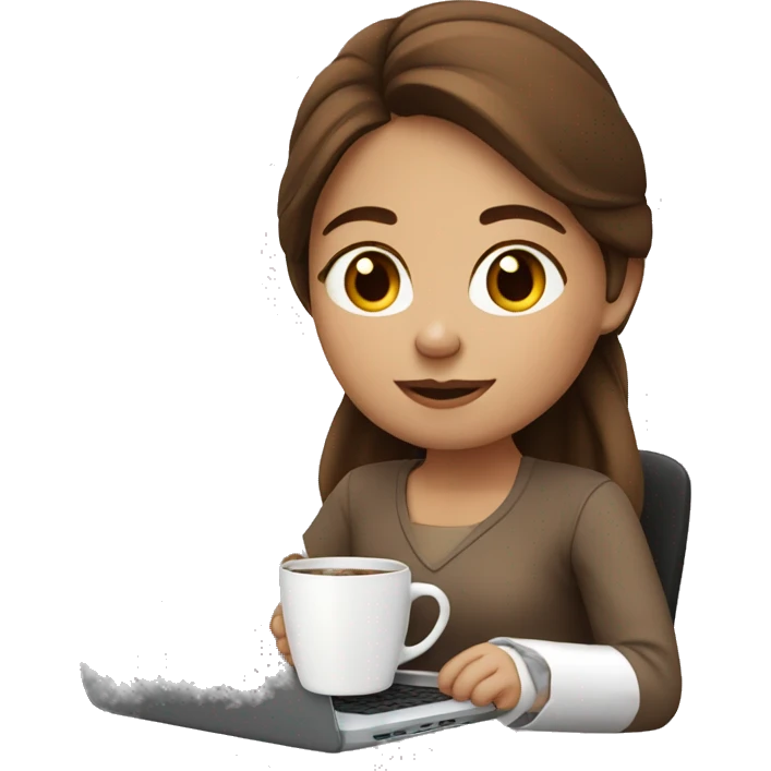 cute girl with brown hair working on laptop and drinking coffee emoji
