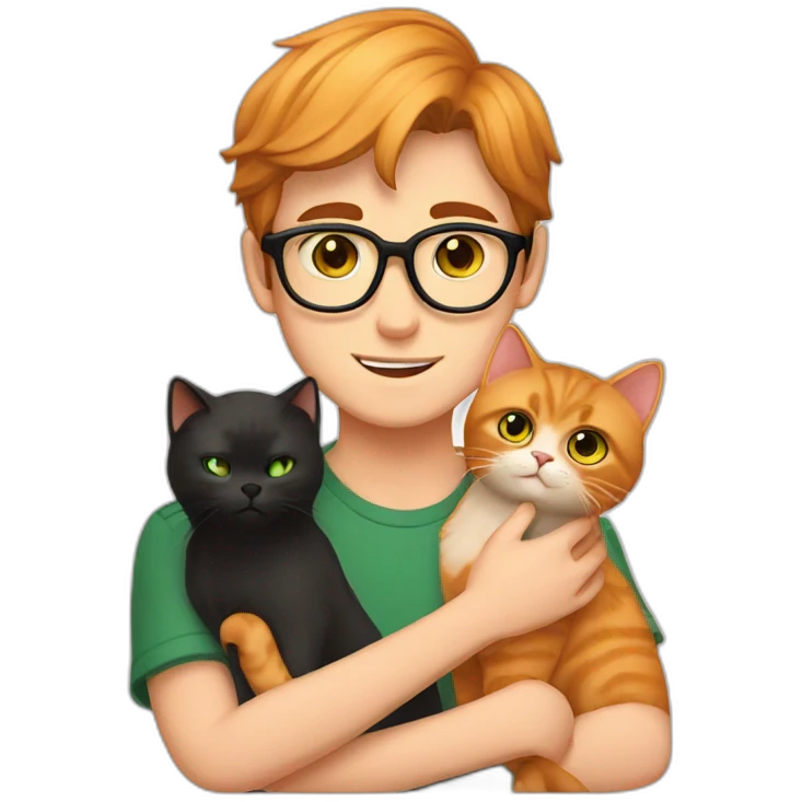 Boy with green eyes, glasses, with black short hair, holds Persian orange cat emoji