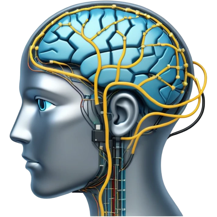 An icon featuring a human head silhouette with circuit patterns, a glowing brain, and neural network nodes, symbolizing artificial intelligence. The design includes data flow lines and robotic elements, representing machine learning and advanced computation. Transparent background emoji