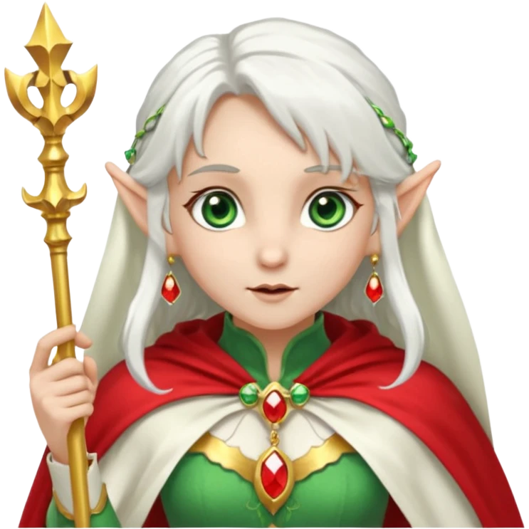 an elf with very white hair and two long PONYTAILS on the side of her head, she has a curtain bang, green eyes, she has a white cape with golden borders and a scepter with a red orb, she has earrings that look like red drops emoji