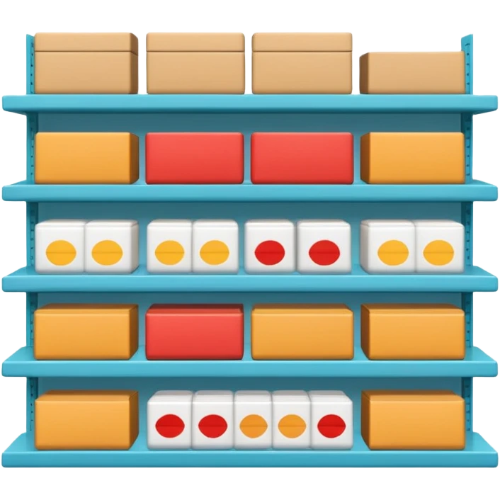 "Minimalist Japanese retail shelf display, products arranged in identical horizontal rows, with multiple units of each item placed directly behind one another, vertically varied by type, clean spacing, precise symmetry, soft neutral lighting, front-facing packages, ultra-detailed." emoji