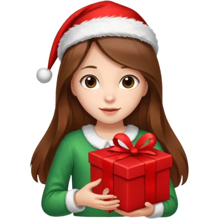 a girl with long brown hair wearing a christmas clothes and holding a gift emoji
