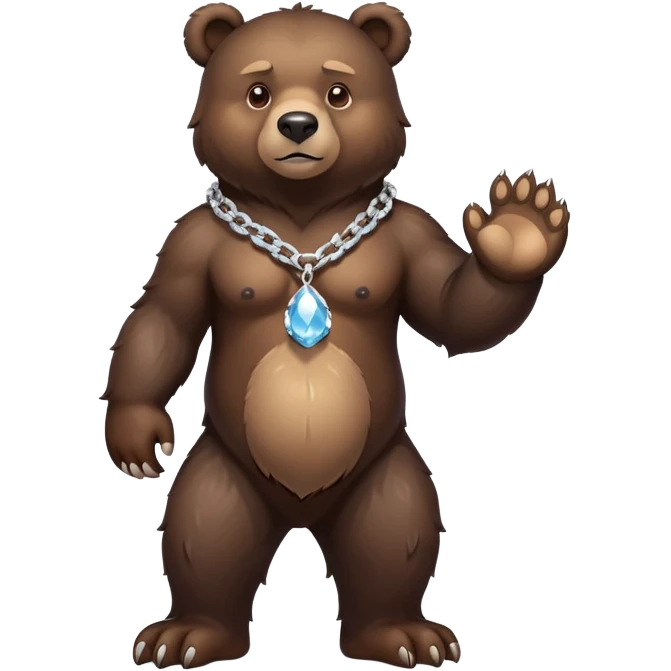 Full-body dark brown bear with rich detailed fur, entire bear shown realistically on four paws, stern look, ice chain necklace, natural stance emoji