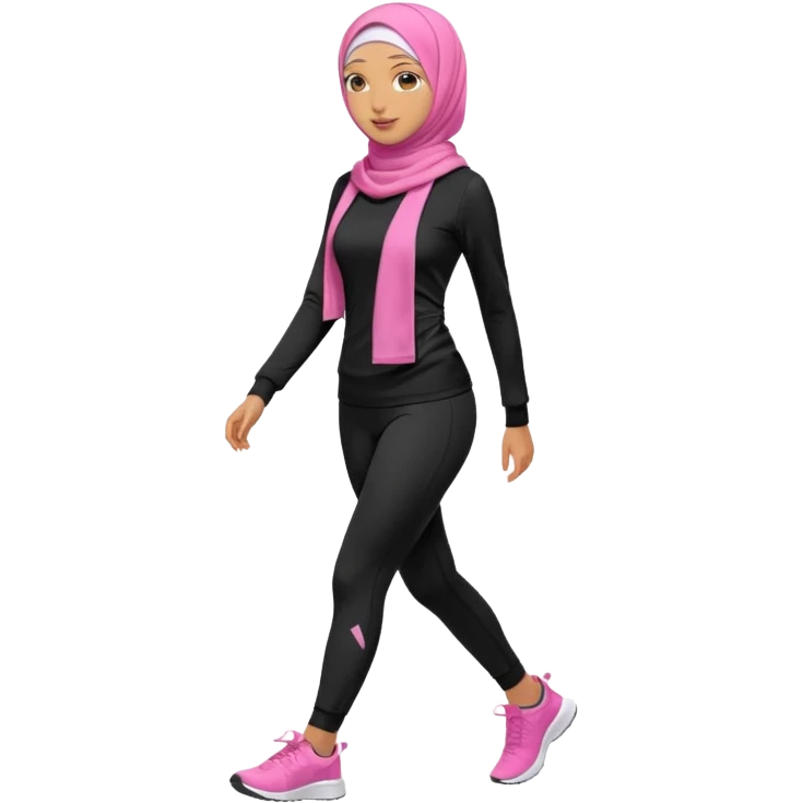 tan skin, hijabi young women in pink hijab, going for walk in black active wear clothing full body, walking  emoji