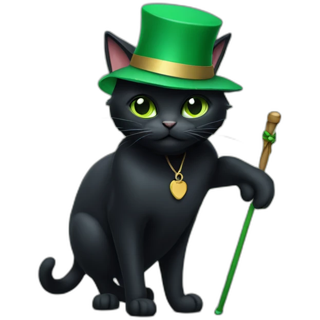 A black cat with a green hat and a staff emoji
