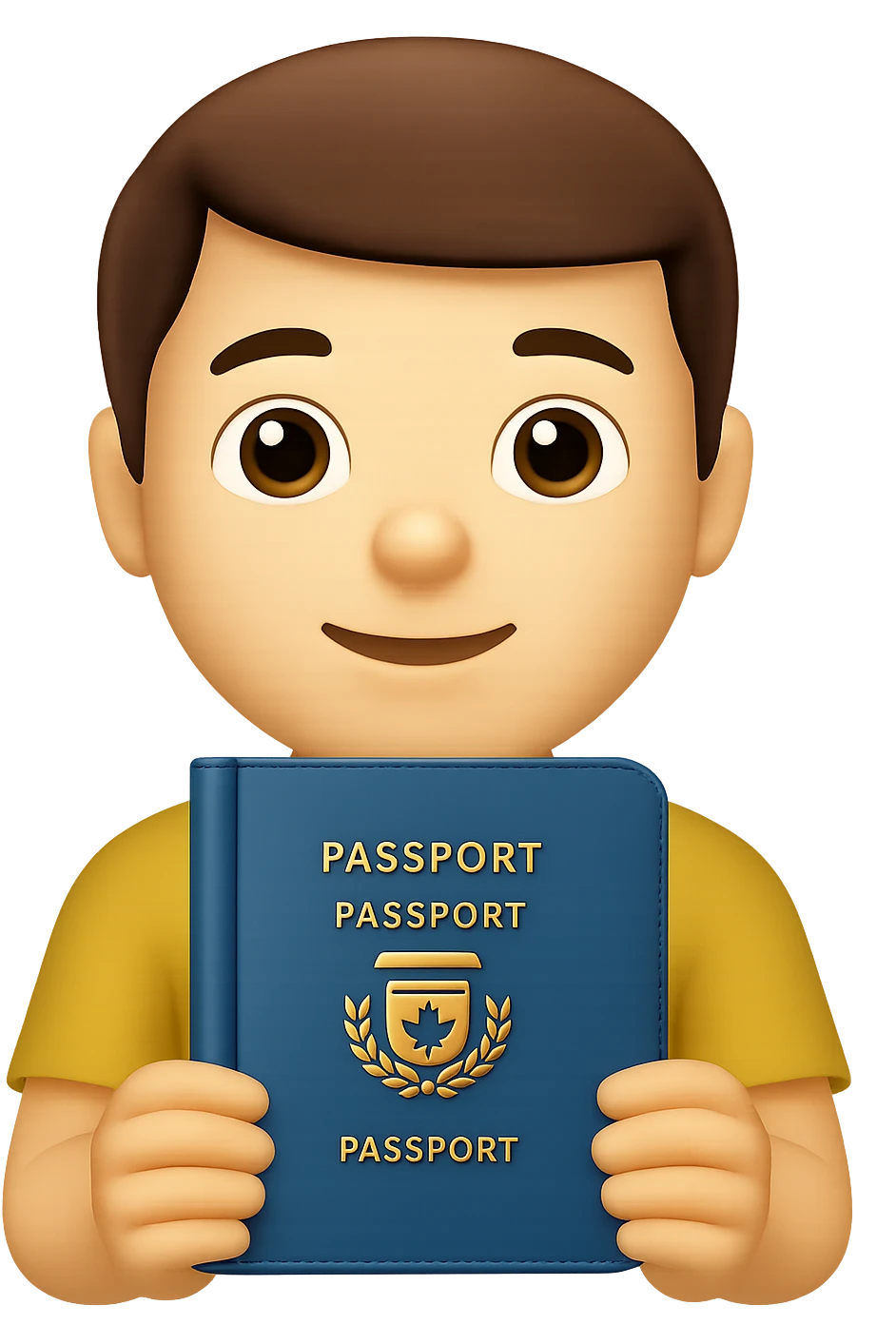 Add a face and a bit of the body of a little person holding a passport in hands, in the style of Apple emoji, with a transparent background. The style should resemble Apple emoji style as closely as possible. emoji