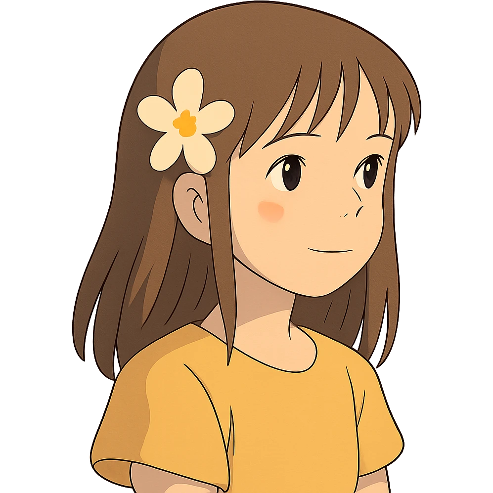 ghibli style girl with straight hair, flower in hair, summer theme emoji