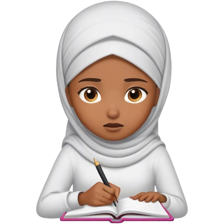 muslim girl writing in notebook, with confusion, emoji question emoji