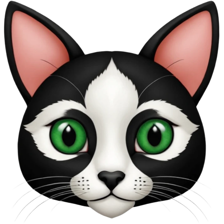 Haz una gata de ojos verdes la cara blanca con mancha negra en las orejas que agarra parte de la frente del lado der pero del iz va desde el ojo hasta la oreja la mancha, tiene la nariz negra en forma de corazón y todo lo que sobra de la cara, barbilla la nariz arriba y el lado de bigotes es blanca emoji
