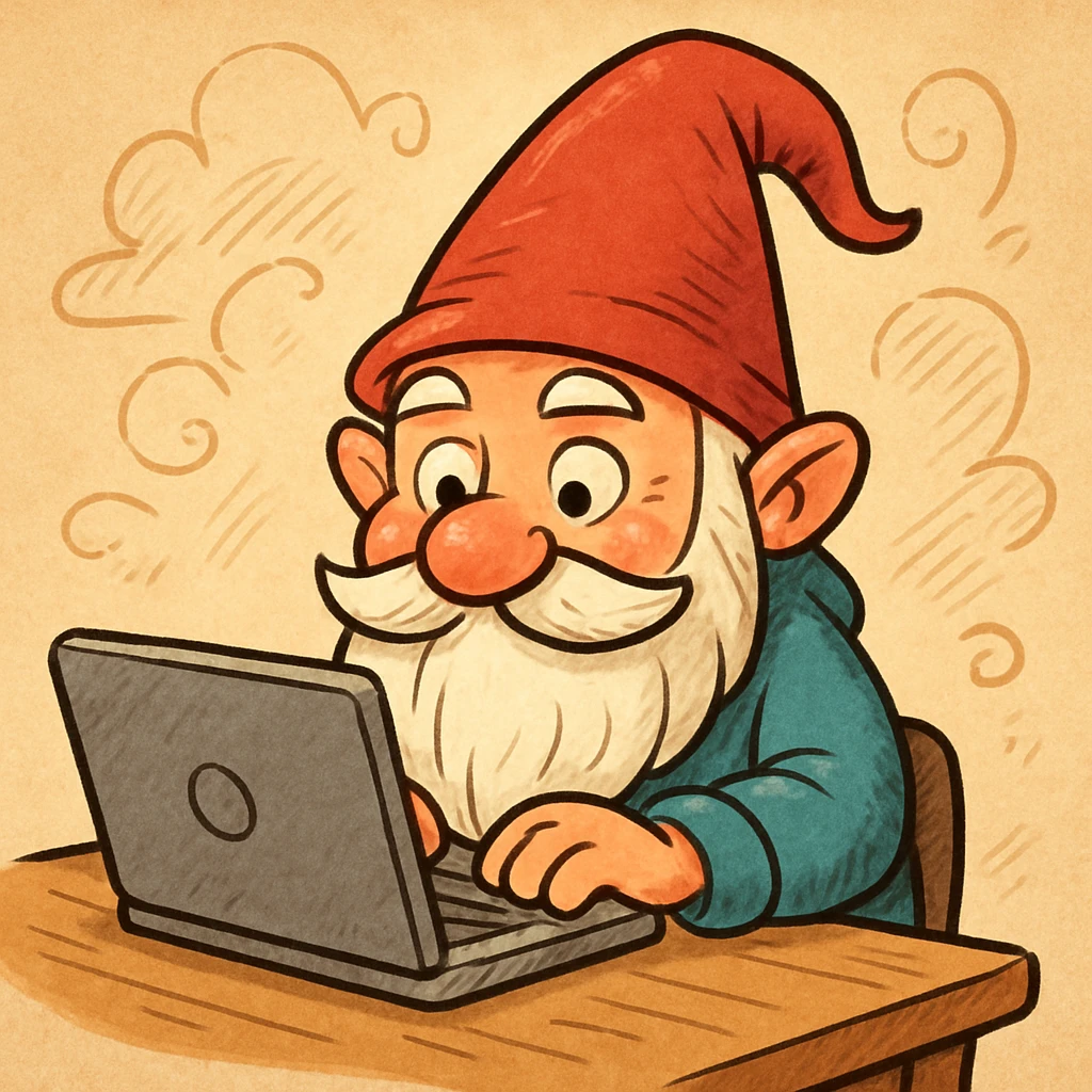 a gnome sitting at a laptop, working diligently, in a whimsical cartoon style emoji