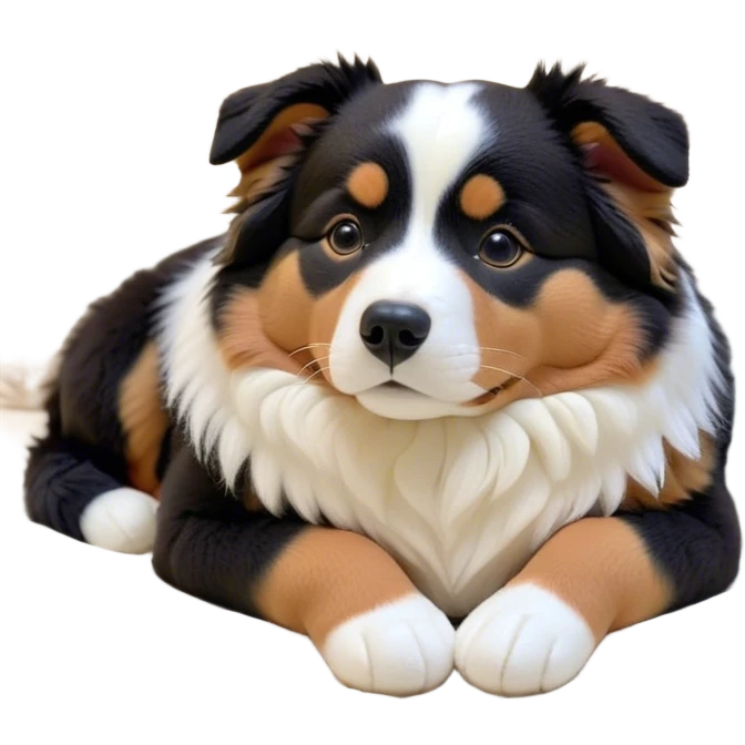 Cinematic Chubby Sleeping Tri-Color Australian Shepherd Portrait Emoji, Chubby and serene, with a round, adorable build and a plush tri-color coat of black, white, and tan, eyes gently closed in peaceful slumber, Simplified yet irresistibly endearing features, highly detailed, glowing with a gentle, dreamy glow, high shine, relaxed and content, stylized with a touch of whimsy, bright and heartwarming, soft glowing outline, capturing the essence of a blissfully sleepy herder, so comically serene it feels like it could roll out of the screen and snore with adorable charm! emoji