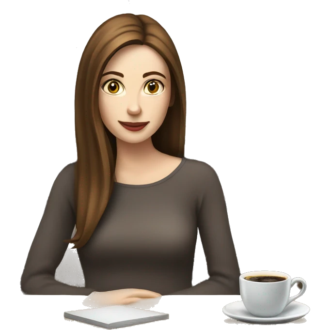 Side view realistic posh brown straight haired pale woman sits at the coffee table emoji