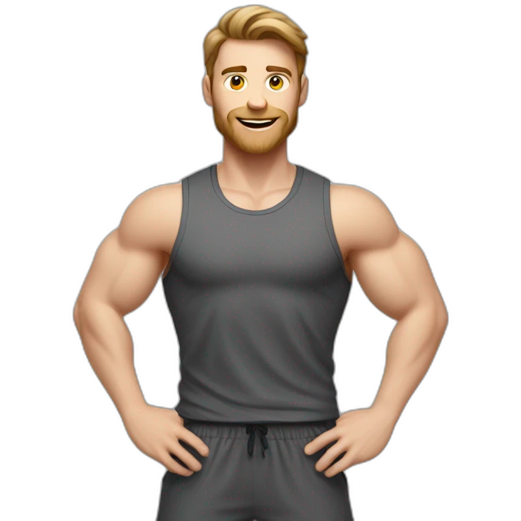 Close up Actively gesturing  with hands Pale skinned Fit Man With the biceps and brown hair in dark gray Sleeveless Mike, black oversize sports shorts, watch and white Sneakers emoji