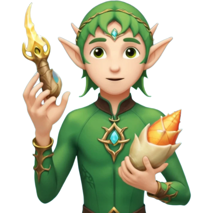 elf male Short wetsuit-style garb, glowing runes on skin, holding a conch horn. emoji