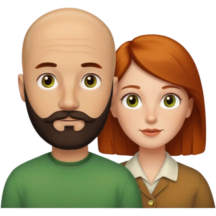 Couple. Bald man with dark brown-black beard. White woman with many small, faded freckles, she has white skin and she has auburn-yellow-brown-cinnamon, dark hair. She has light orange-brown eyes. The man have hazel eyes. They like green. Retro style. emoji