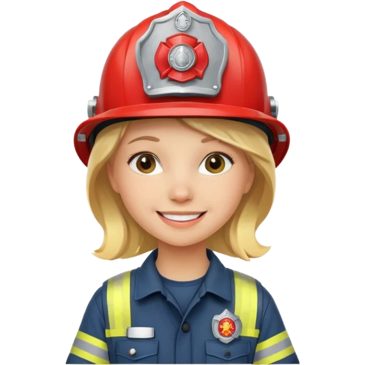 Young blonde girl, firefighter helmet, smiling brightly emoji