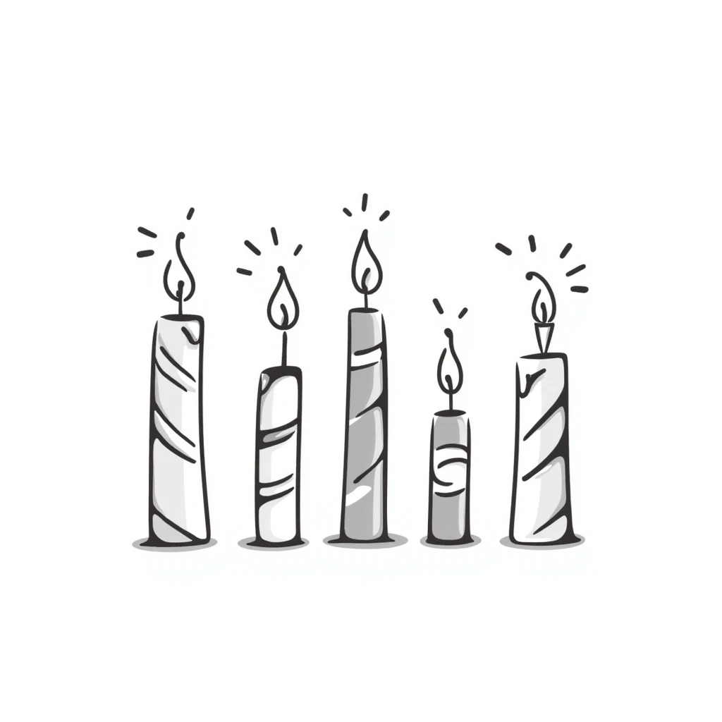 a group of candles of different heights, some lit with gentle flames, in pastel colors dd9fb0 ffc6d3 a3bfc9 c4bee2 f1b091, detailed hand-drawn doodle style emoji