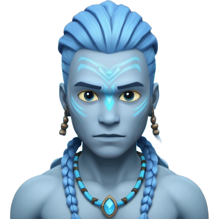 avatar-style Na’vi male portrait, head and shoulders only, blue skin, bioluminescent markings, strong face features, braided hair, tribal necklace, heroic expression, 3D cartoon, mobile game icon style, clean background, no text, no watermark
 emoji