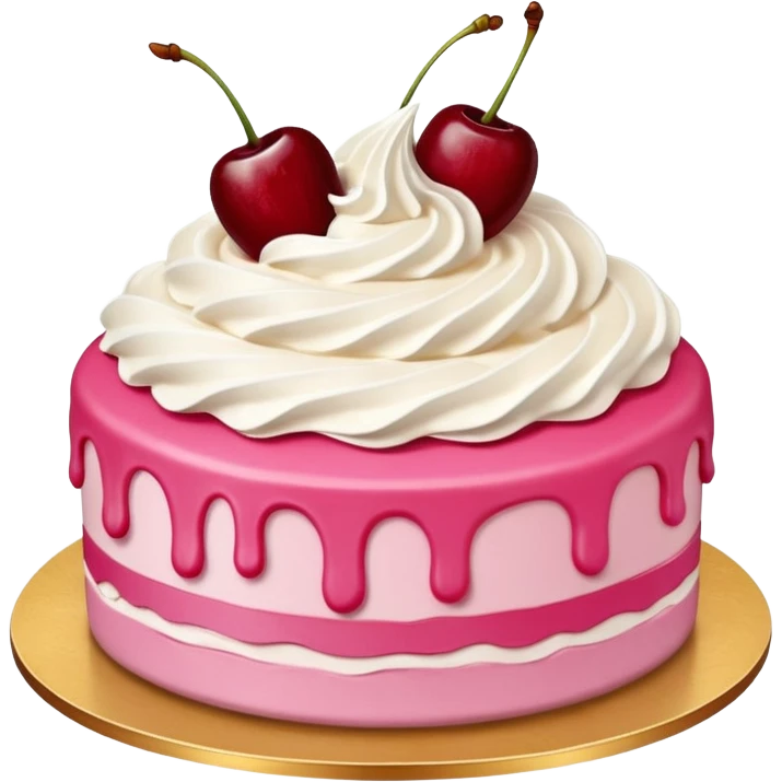 Round pink frosted cake with textured buttercream sides, placed on a gold cake board.
White whipped cream swirls on top, each topped with glossy red cherries with stems, clean studio lighting, isolated background, realistic minimal emoji-style. emoji
