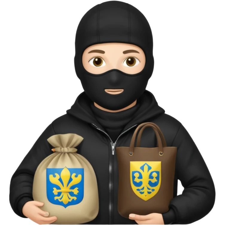 создай реалистичного белого украинца в черное одежде и черной балаклаве с большим мешком денег с  гербом страны на нем  emoji