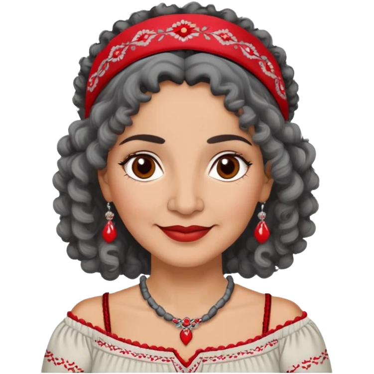 Latina woman, about 55 years old, slightly darker warm brown skin, round soft face, curly black and gray hair, red and white headband, medium eyes, thin eyebrows, gentle smile, gray peasant blouse with embroidery, bare shoulders, large dark necklace emoji
