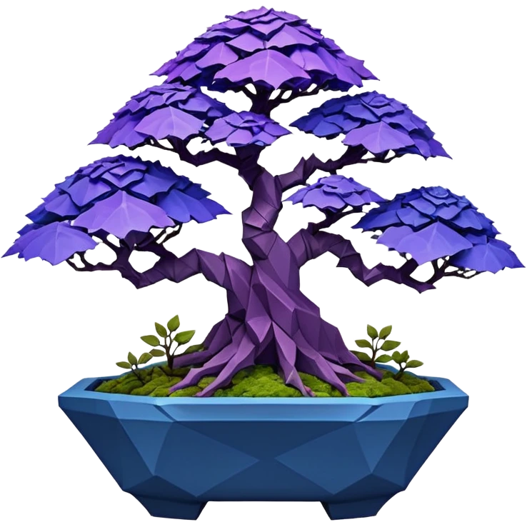 Futuristic wild glowing space alien moss maples Bonsai hair-fine-leaf group multi faceted intricate crystalline inspired boxwood purple rose blue informal rocky cliffhanger eight trees forest planting in shallow origami slab style pot with big animal-like feet  emoji