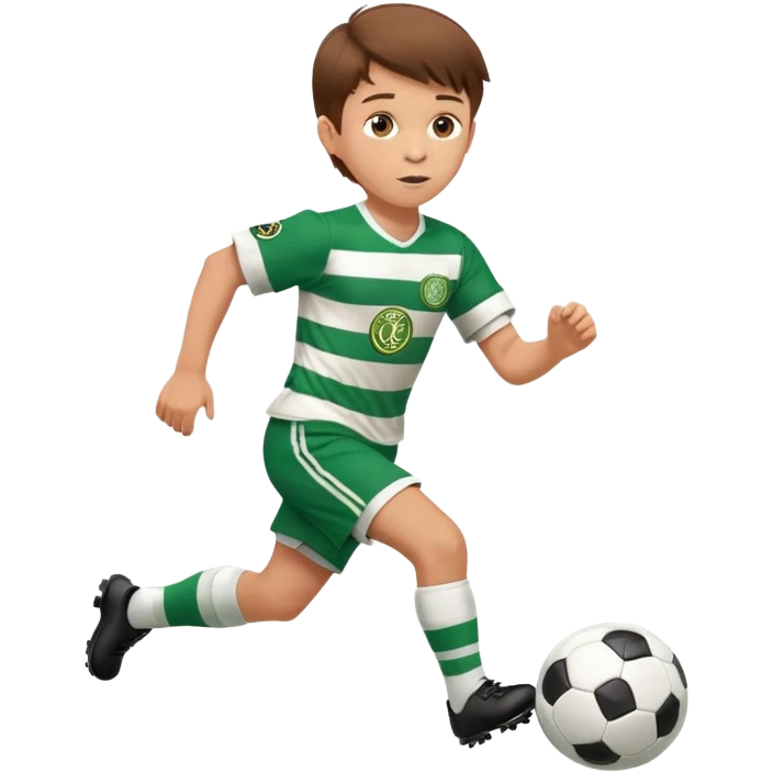 Celtic footballer jersey logo  6 years old brown hair white boy , stripes uniform , RUNNING  with soccer ball # 17 celtic football logo PUT ONLY ONE LOGO emoji