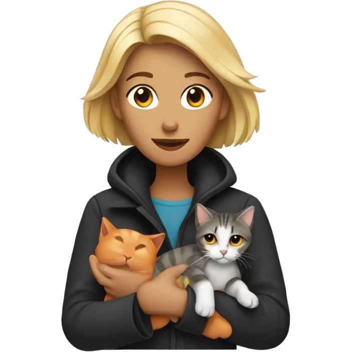 A woman holding a cat with 3 coloured black blond and a bit oreng emoji