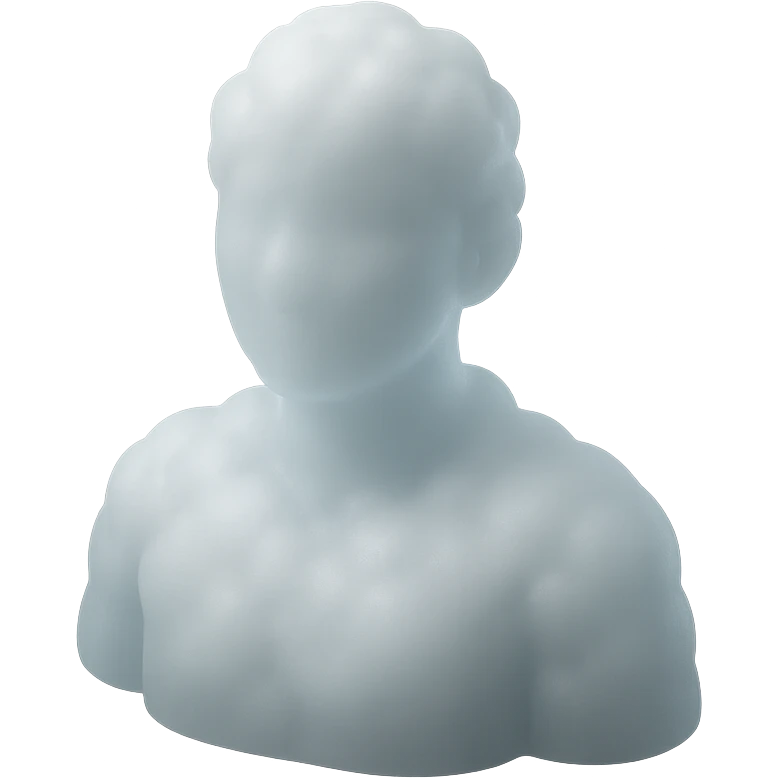 person made of white fluffy clouds, shoulder up, front view, matte glass style emoji