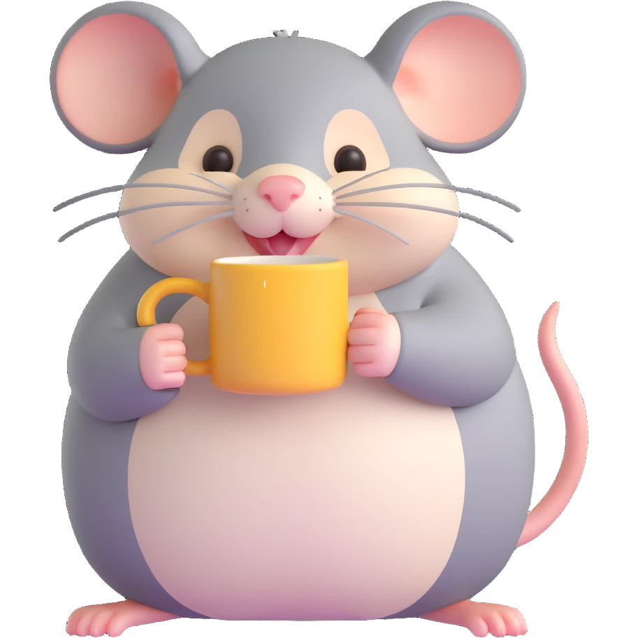 a chubby rat holding a mug, cute 3D style, adorable and soft emoji