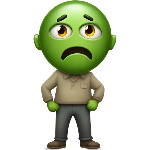 Create an emoji character with a greenish face, holding one hand over its mouth as if it's about to throw up. The emoji has wide, bulging eyes and a distressed, nauseated expression, while the other hand is on its stomach to show discomfort emoji