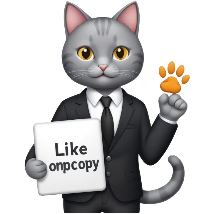 A cat in a black business suit holds a sign with the inscription "PrimeCopy" with one paw and shows a like with the other paw emoji