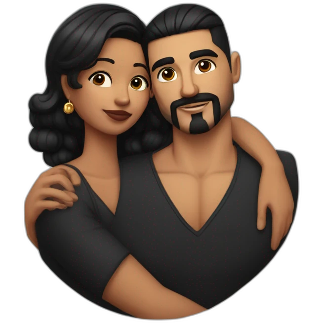 Very short haircut hair latino man with skin fade, detailed moustache and beard, cuddling a black woman with straight black hair and big earrings emoji