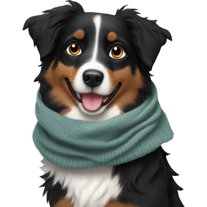 Small black australian shepherd dog wearing a knit scarf emoji
