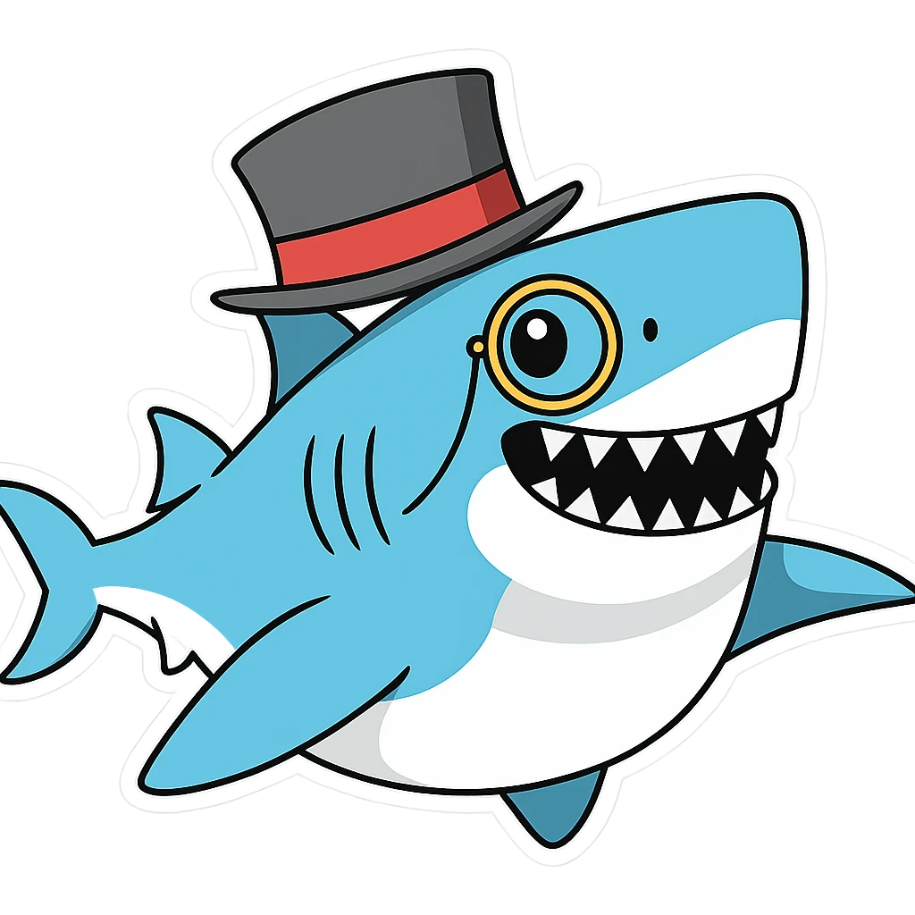 Add a monocle to the shark with a top hat in the style of sticker, no background. emoji