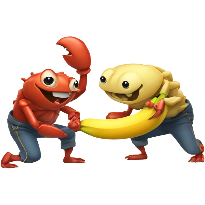 Two crabs playing tug-o-war with a banana emoji