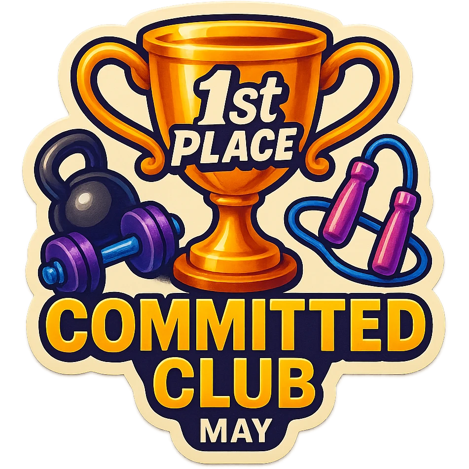 sticker for a gym's Committed Club leaderboard winner for May, showing a trophy with gym icons like weights and jump rope, with the text '1st Place – Committed Club May' in a dynamic, motivational font emoji