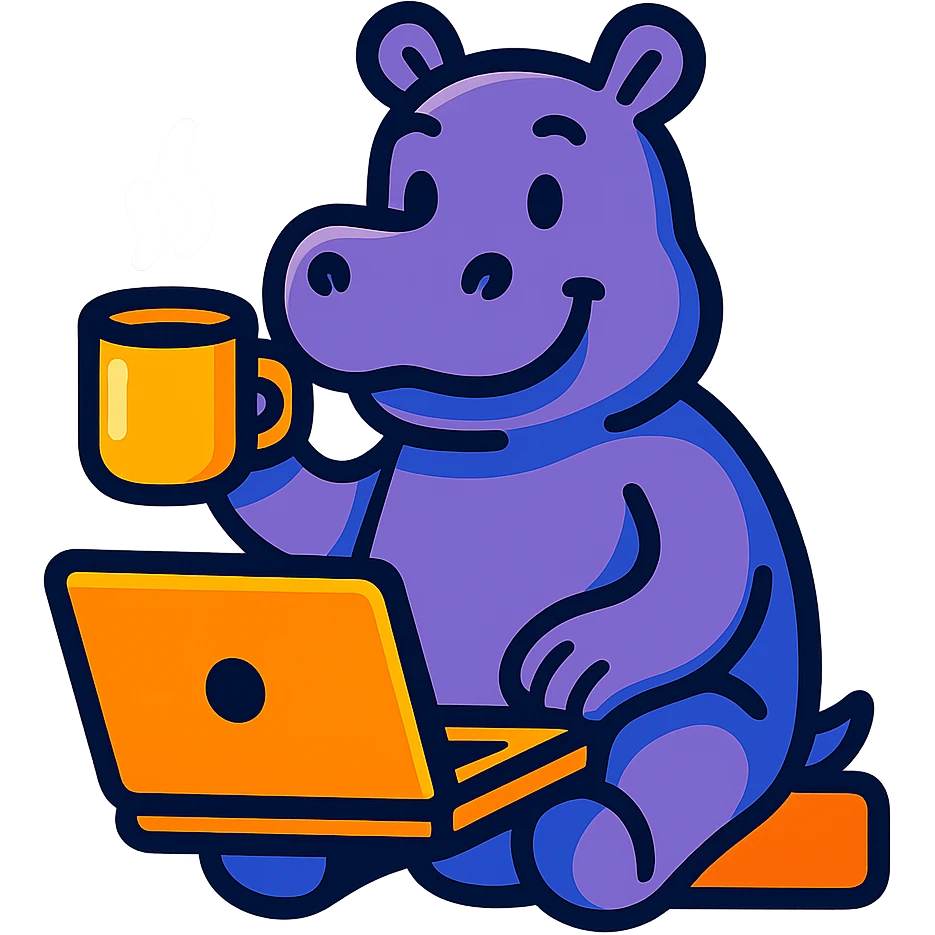 A cartoon hippo sitting at a laptop, drinking coffee, vibrant colors, playful style emoji