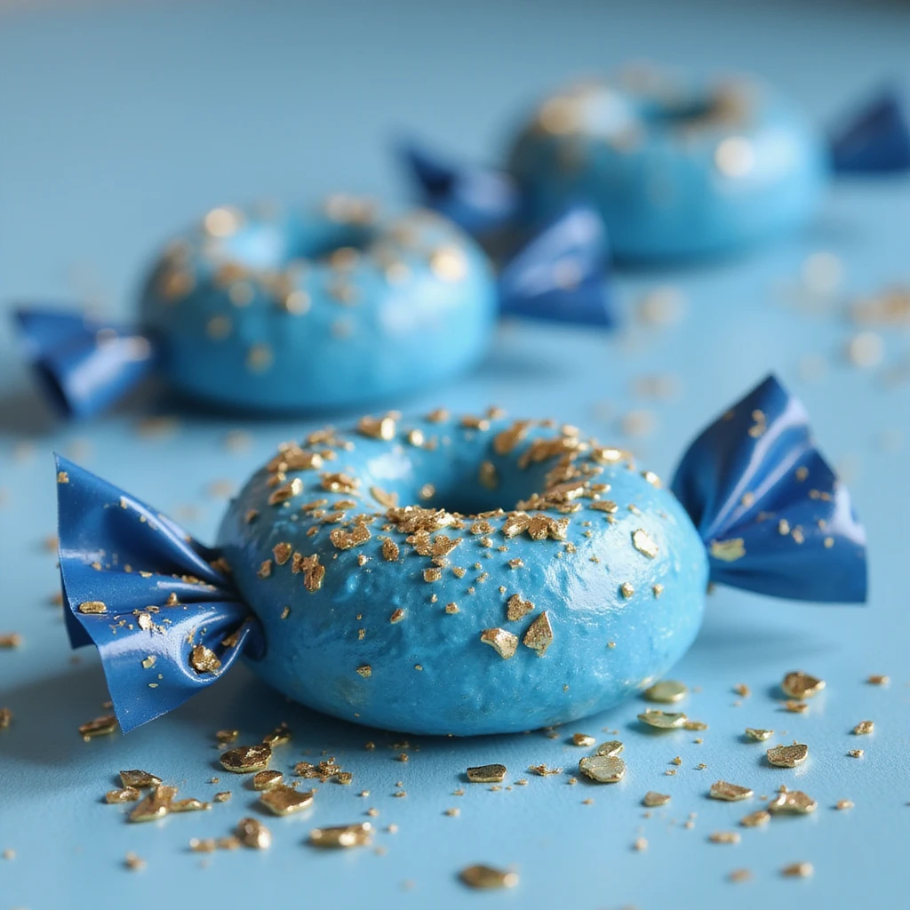 realistic blue candy with gold flakes, photorealistic style emoji