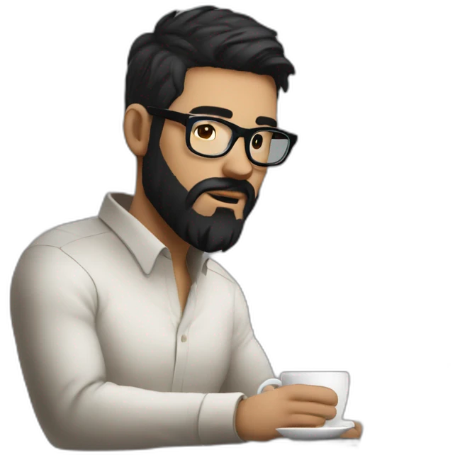 Designer with black hair, beard and glasses working with MacBook and drinking cappuccino  emoji