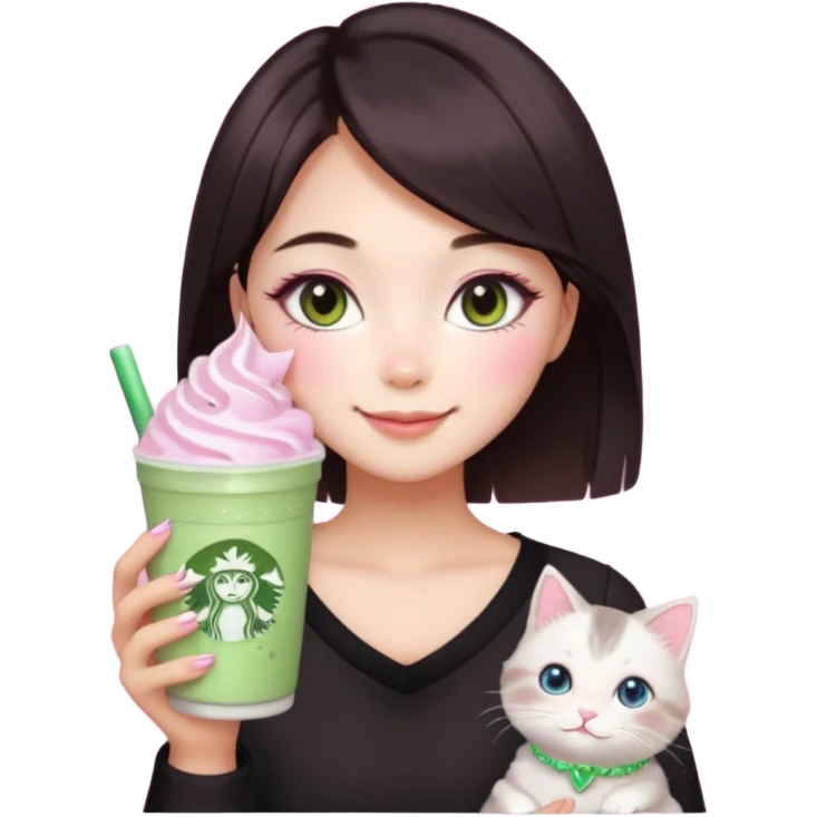 asian girl with short dark brown hair with a soft girl pink glowup aesthetic. matcha latte sparkles girly things, 2 ragdoll cats, skincare, makeup, money, luxury emoji