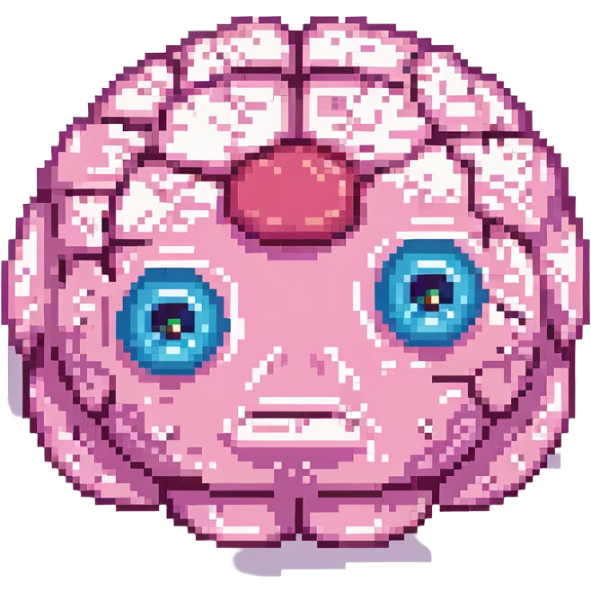 16-bit pixel art of a pink brain-shaped blob with sad droopy eyes and downturned mouth, smooth rounded brain texture, simple retro gaming style emoji