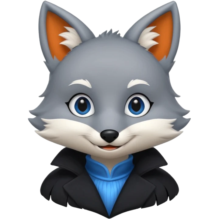 Grey anthropomorphic furry fox with a black coat, blue eyes, and a small fringe of black hair, smiling emoji
