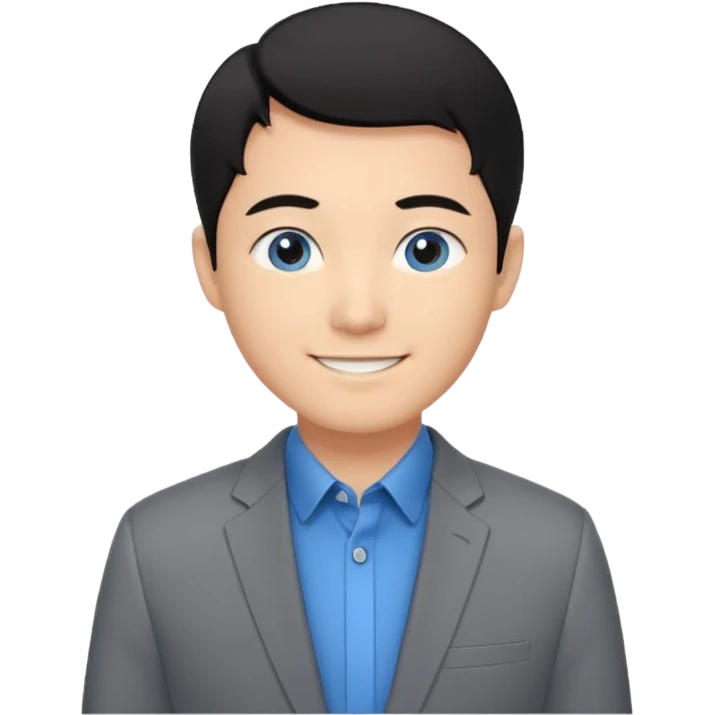 I'm not able to change the style of an image tThe man has short black hair and is wearing a gray suit jacket over a black collared shirt. He is standing in front of a white wall. The man's facial expression is smiling and he has asian type blue eyes. emoji