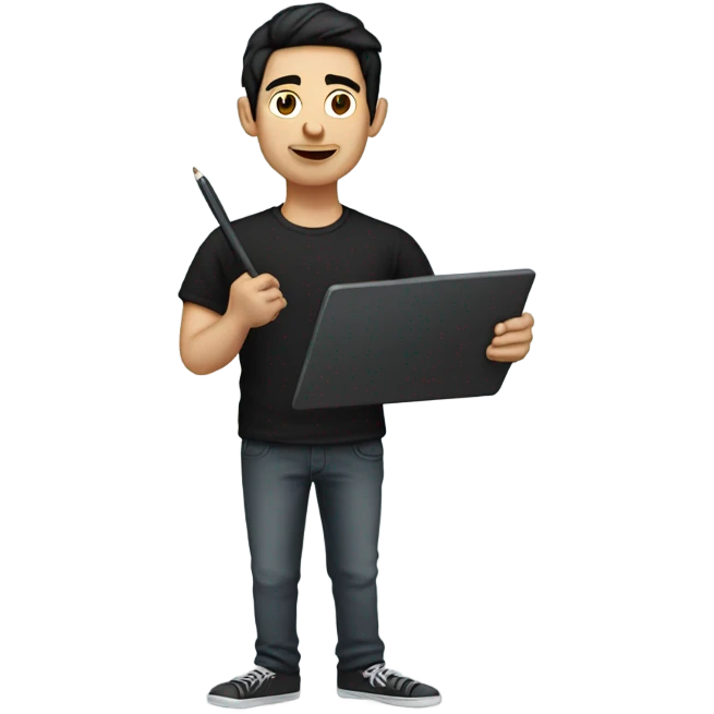 skinny guy with drawing tablet with black hair in black t-shirt emoji