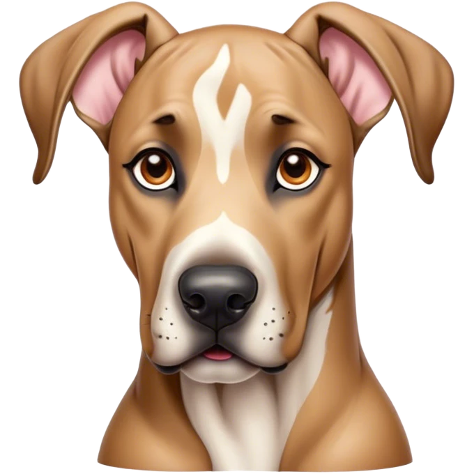 Cinematic Cute Fawn Great Dane Portrait Emoji, Head tilted playfully and inquisitively, showcasing a glossy fawn coat with a subtle luster, round, sparkling amber eyes filled with curiosity, Simplified yet irresistibly adorable features, highly detailed, glowing with a warm, friendly glow, high shine, affectionate and gentle, stylized with a touch of whimsy, bright and endearing, soft glowing outline, capturing the essence of a mischievous yet loving pup, so playful it feels like it could lumber out of the screen and into your arms! emoji