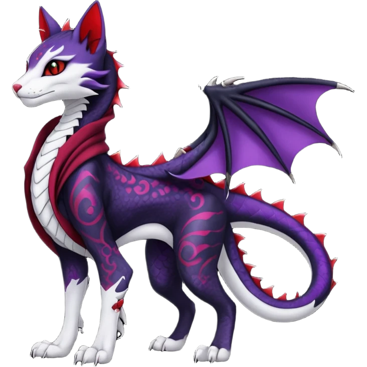 Kawaii feral, four-legged gothic dark badass black, red, purple, beautiful pretty elegant divine edgy feline-vernid-sergal-Haku-dragon-fursona-animal-creature, full body, with intricate detailed markings, silken shawl emoji