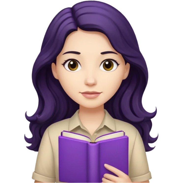 Long Hair Women with purple Book, Black wavy hair, beige shirt emoji