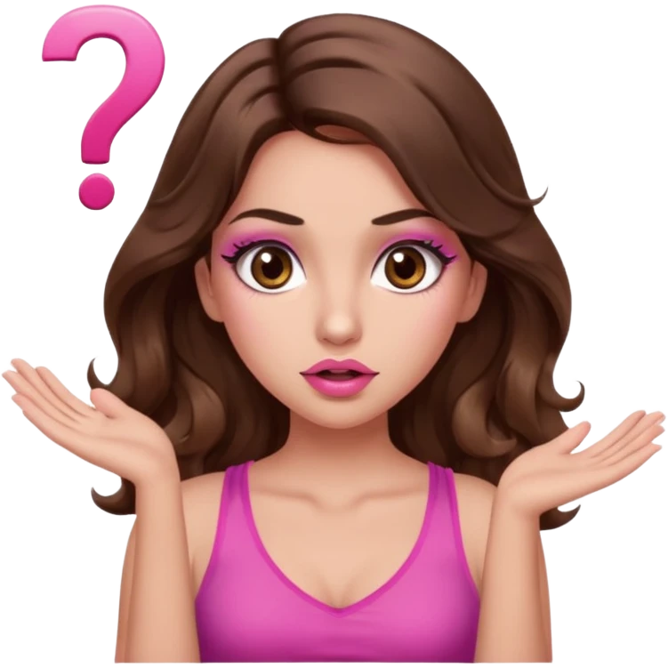 girl with long wavy brown hair, brown eyes, long lashes makeup, sexy pink lips, light to medium complexion, pink sexy top,, shrugging with both hands, confused, question mark emoji