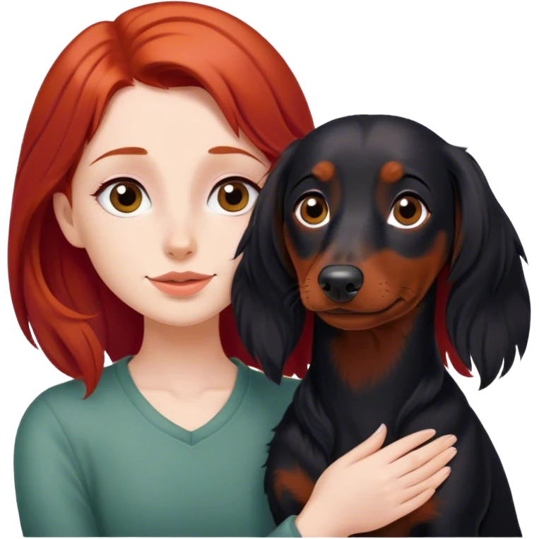 Red haired girl with black long haired dachshund  emoji